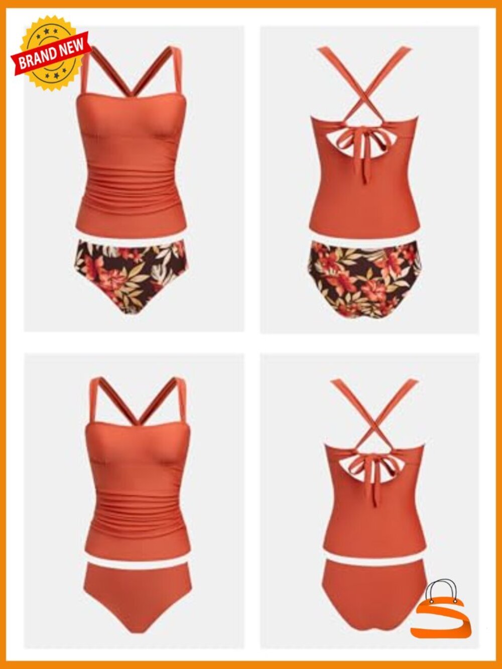 Tankini Set Two Piece Swimsuit Crossback Ruched Tummy Control Mid Rise - Picture 6 of 7